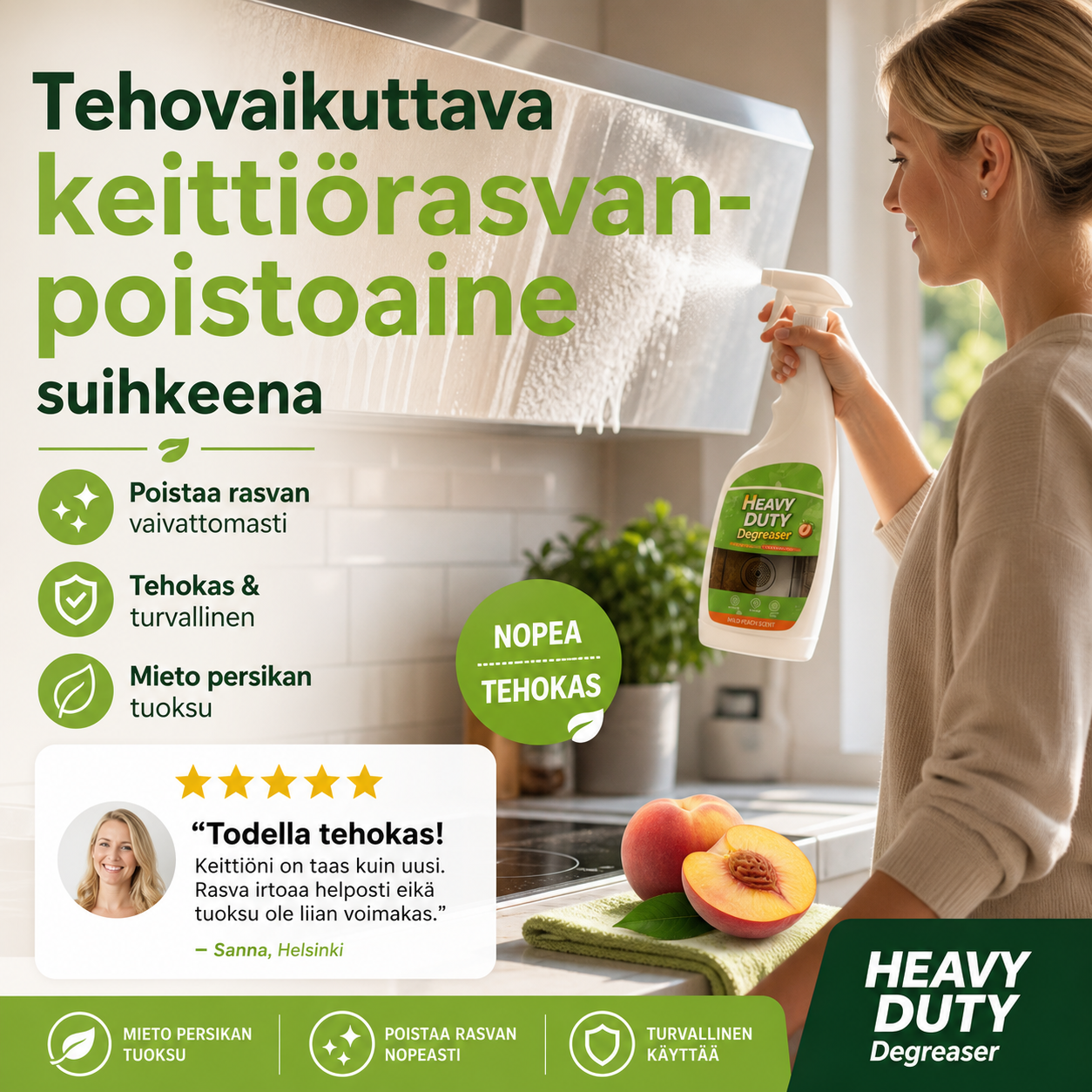 Tehovaikuttava keittiörasvanpoistoaine suihkeena