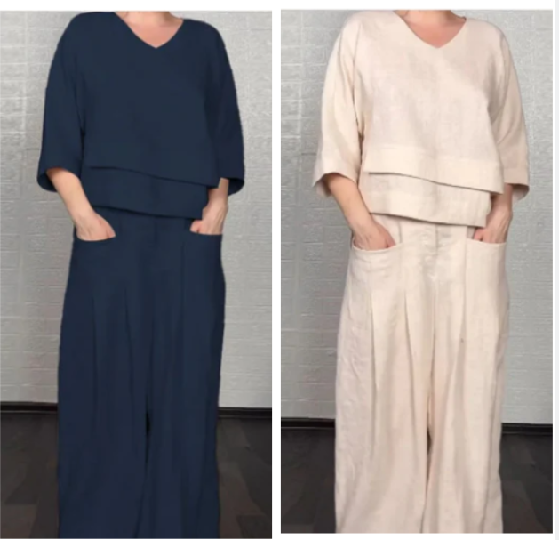 đ 2-osainen puuvilla-pellavakangasinen setti, jossa on epĂ€sÀÀnnöllinen helma â V-kaula-aukkoinen ylĂ€osa + leveĂ€lahkeiset housut, hengittĂ€vĂ€ ja vaivattomasti tyylikĂ€s đđ