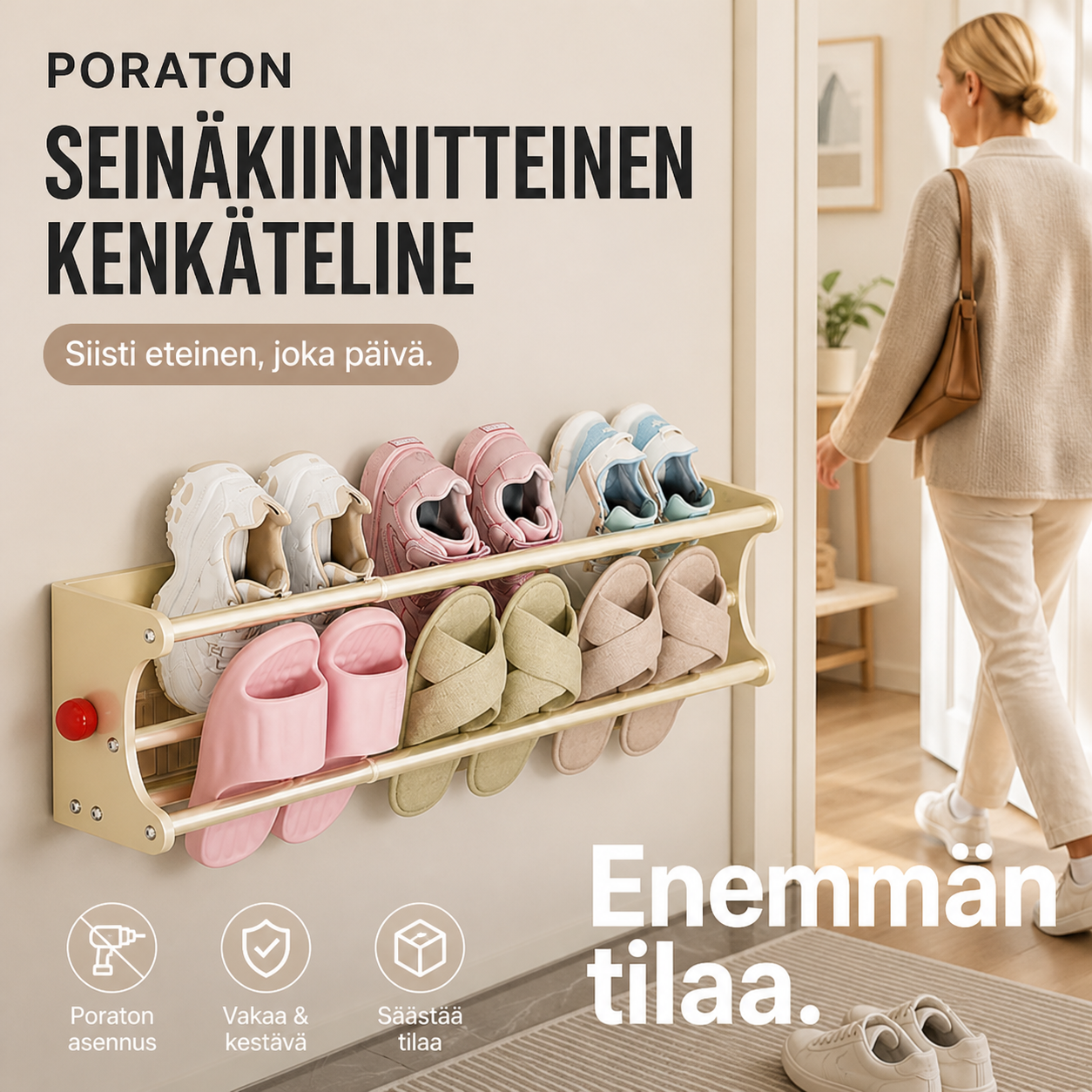 Poraton seinäkiinnitteinen kenkäteline