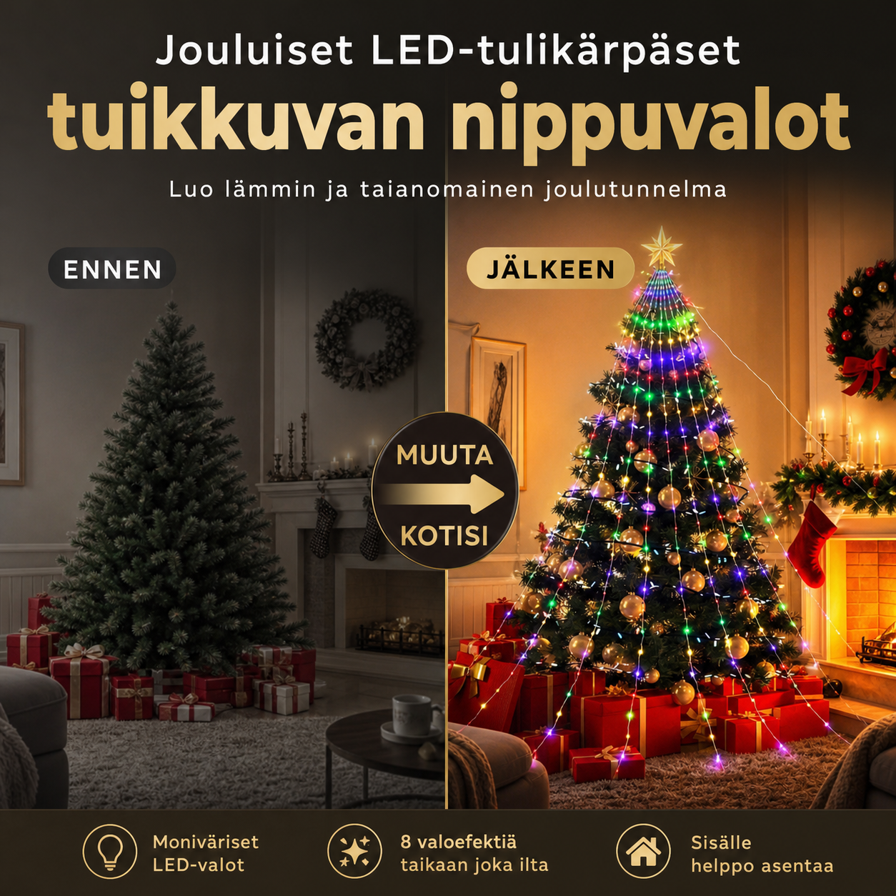 Jouluiset LED-tulikärpäset tuikkuvan nippuvalot