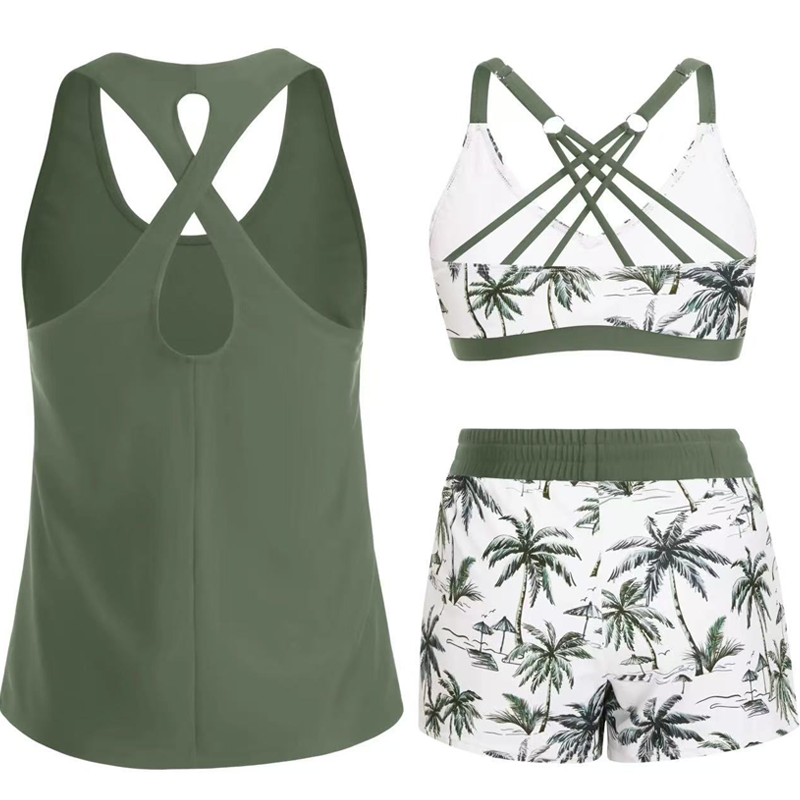 🌸 -50 %! 🦋 Tyylikäs 3-osainen tankini-asukokonaisuus – imarteleva leikkaus, trendikäs trooppinen kuosi ja ristikkäiset selkäosat – ihanteellinen rannalle ja uima-altaalle ✨