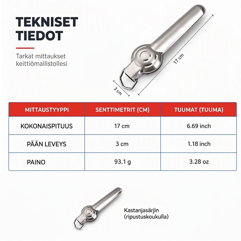 Ruostumattomasta teräksestä valmistettu pähkinänsärkijä ja kastanjankuorintatyökalu