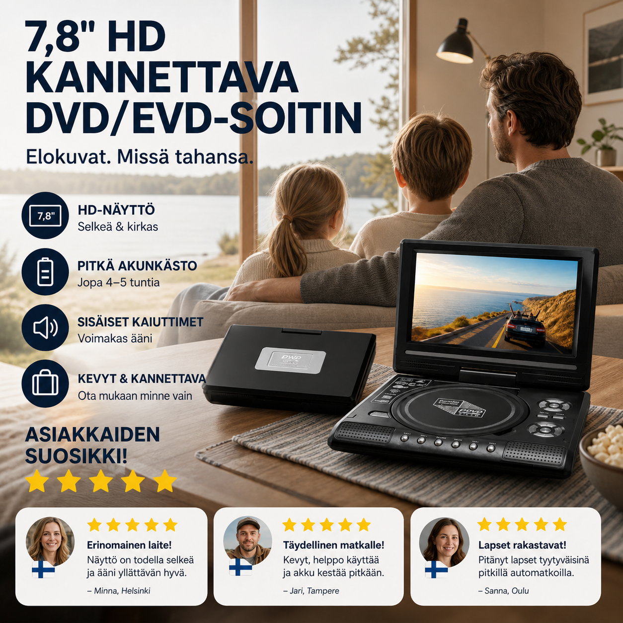 📺 7,8" HD kannettava DVD/EVD-soitin – suuri näyttö, ladattava ja yhteensopiva DVD/CD/USB/SD-korttien kanssa – täydellinen kotiin ja matkalle 🔥 -53%