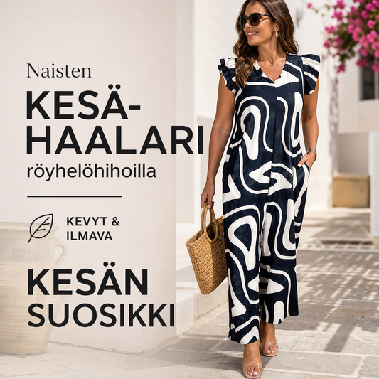 Naisten kesähaalari röyhelöhihoilla, leveälahkeinen ja geometrisin kuvioin