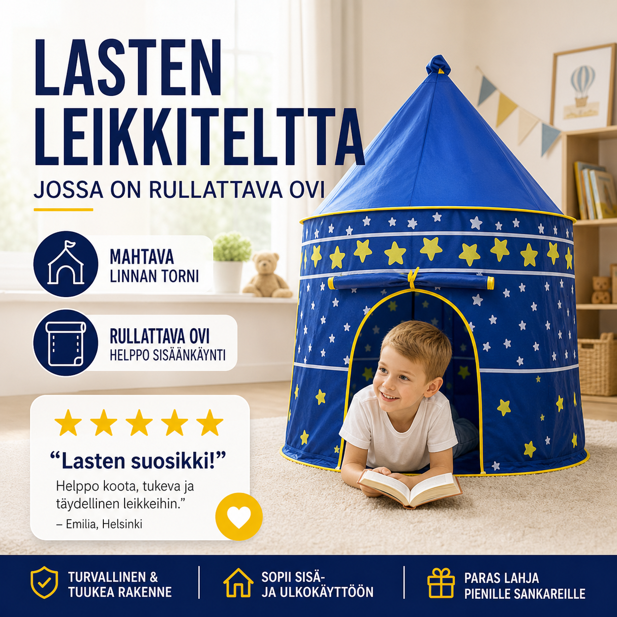 Lasten leikkiteltta, jossa on rullattava ovi