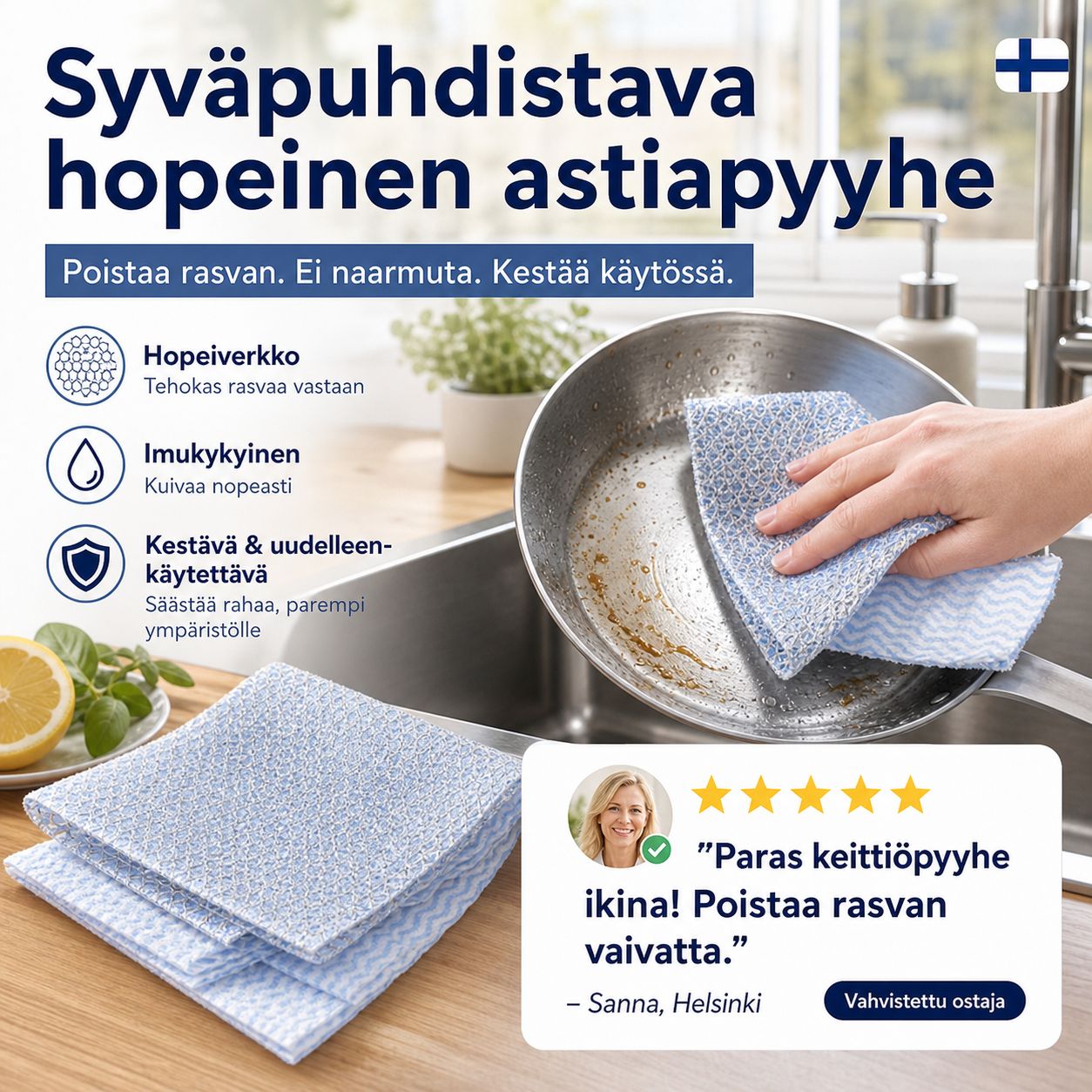 Syväpuhdistava hopeinen astiapyyhe