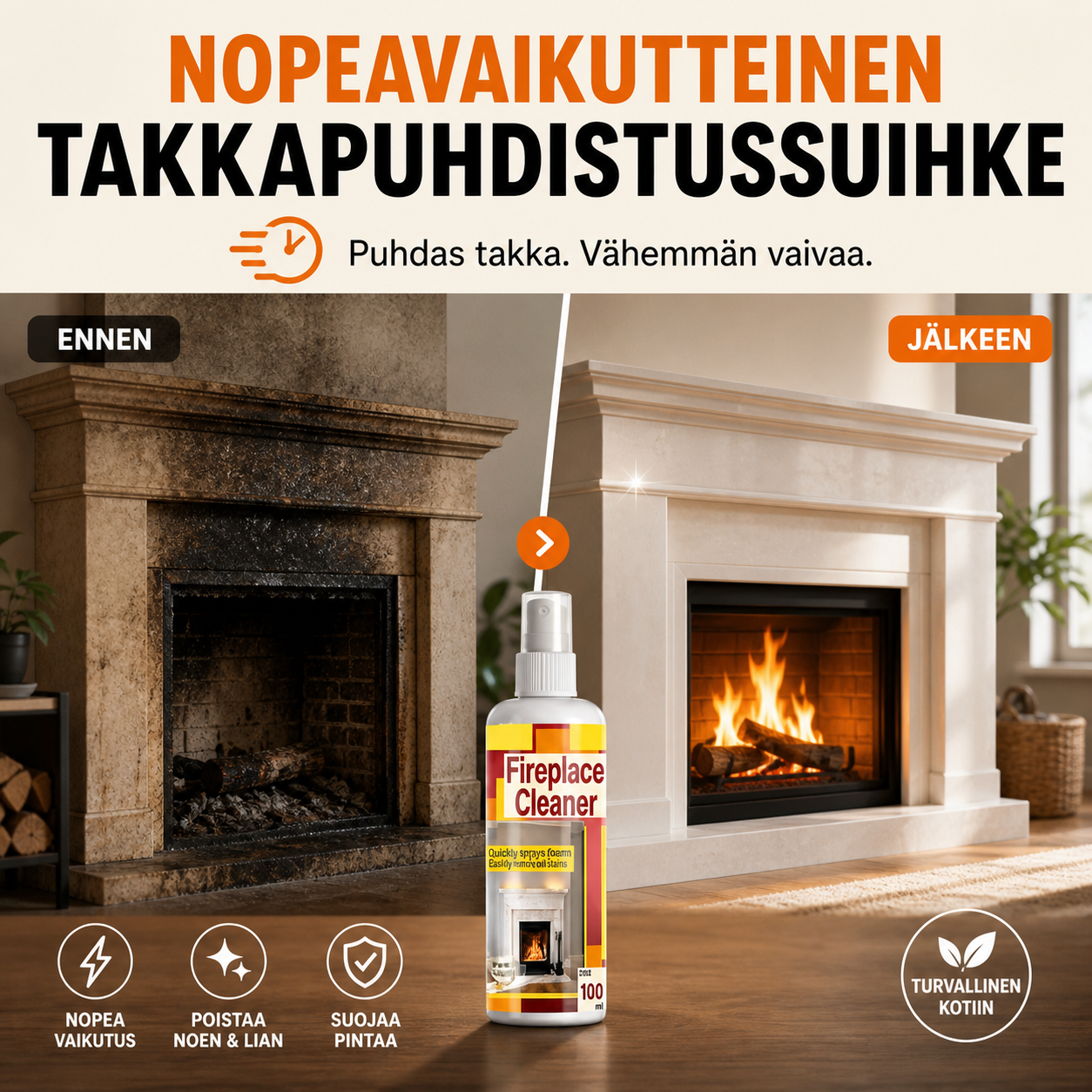 🔥 50% ALENNUS NYT! Nopeavaikutteinen takkapuhdistussuihke – syvälle tunkeutuva noki- ja savutahranpoistoaine