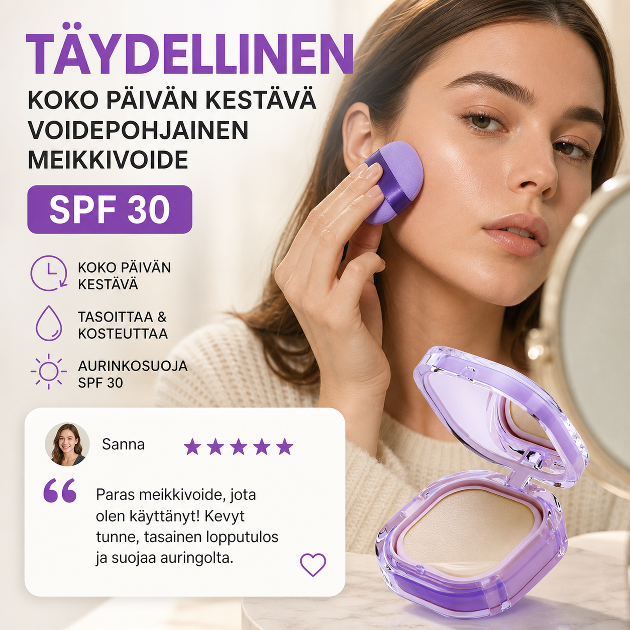 Täydellinen, koko päivän kestävä voidepohjainen meikkivoide, SPF 30