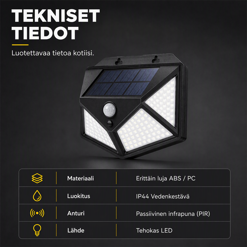 🌙💡 100 LEDin aurinkokäyttöinen seinävalaisin – 120° liiketunnistin, IP65-suojaus ja automaattinen valaistus pihalle ja mökille ☀️
