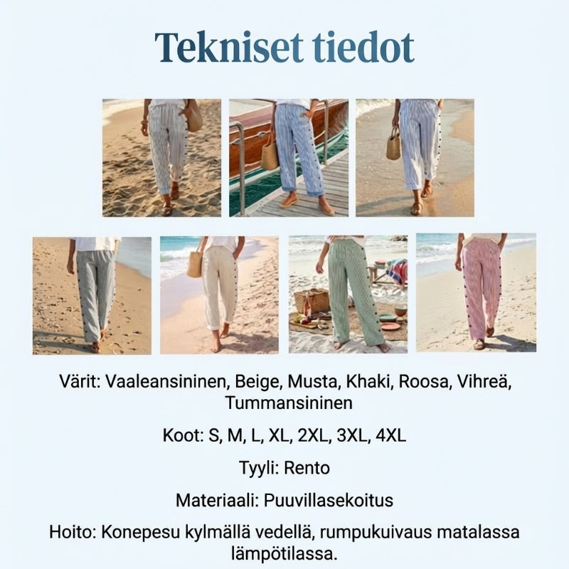 👖 NYT 50 % ALENNUS! 🌿 Muodikkaat, väljät siniraitaiset housut – käytännölliset sivutaskut, hoikistava istuvuus ja täydelliset keväisiin päiviin 🌸