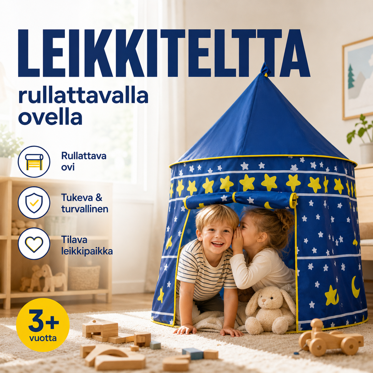 Lasten leikkiteltta, jossa on rullattava ovi