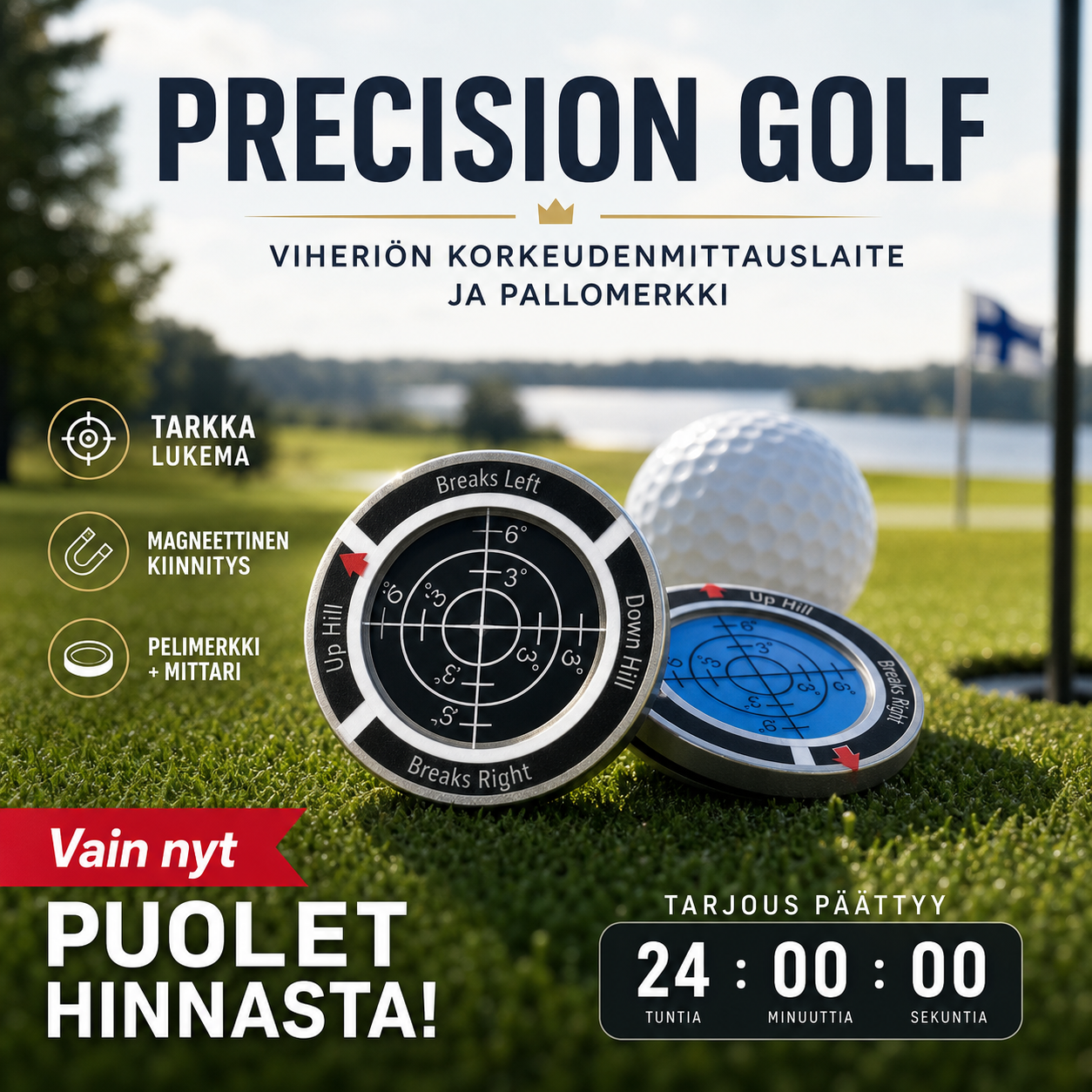 Precision Golf -viheriön korkeudenmittauslaite ja pallomerkki