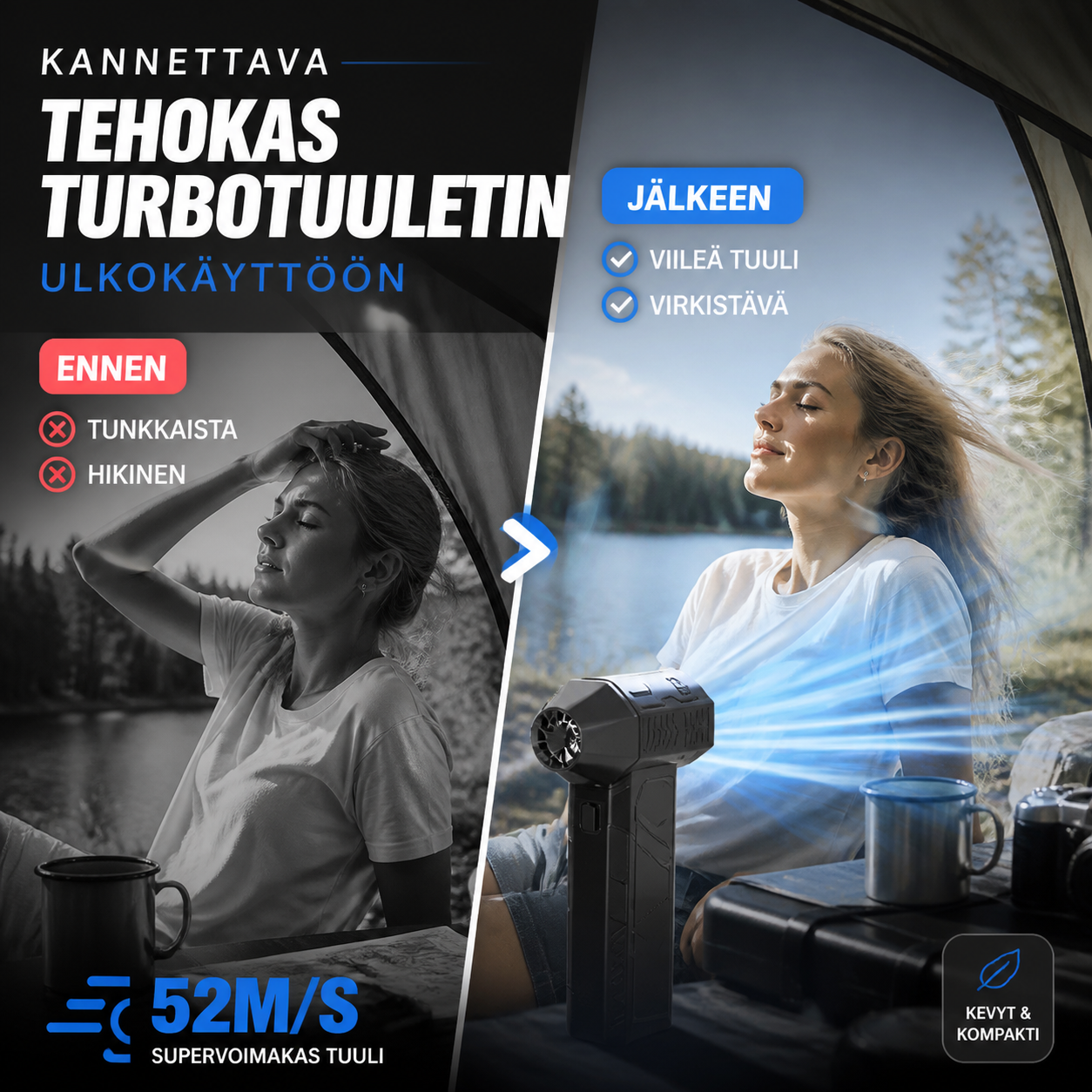 Kannettava tehokas turbotuuletin ulkokäyttöön – puhaltaa lunta ja tuottaa hiiltä, monikäyttöinen