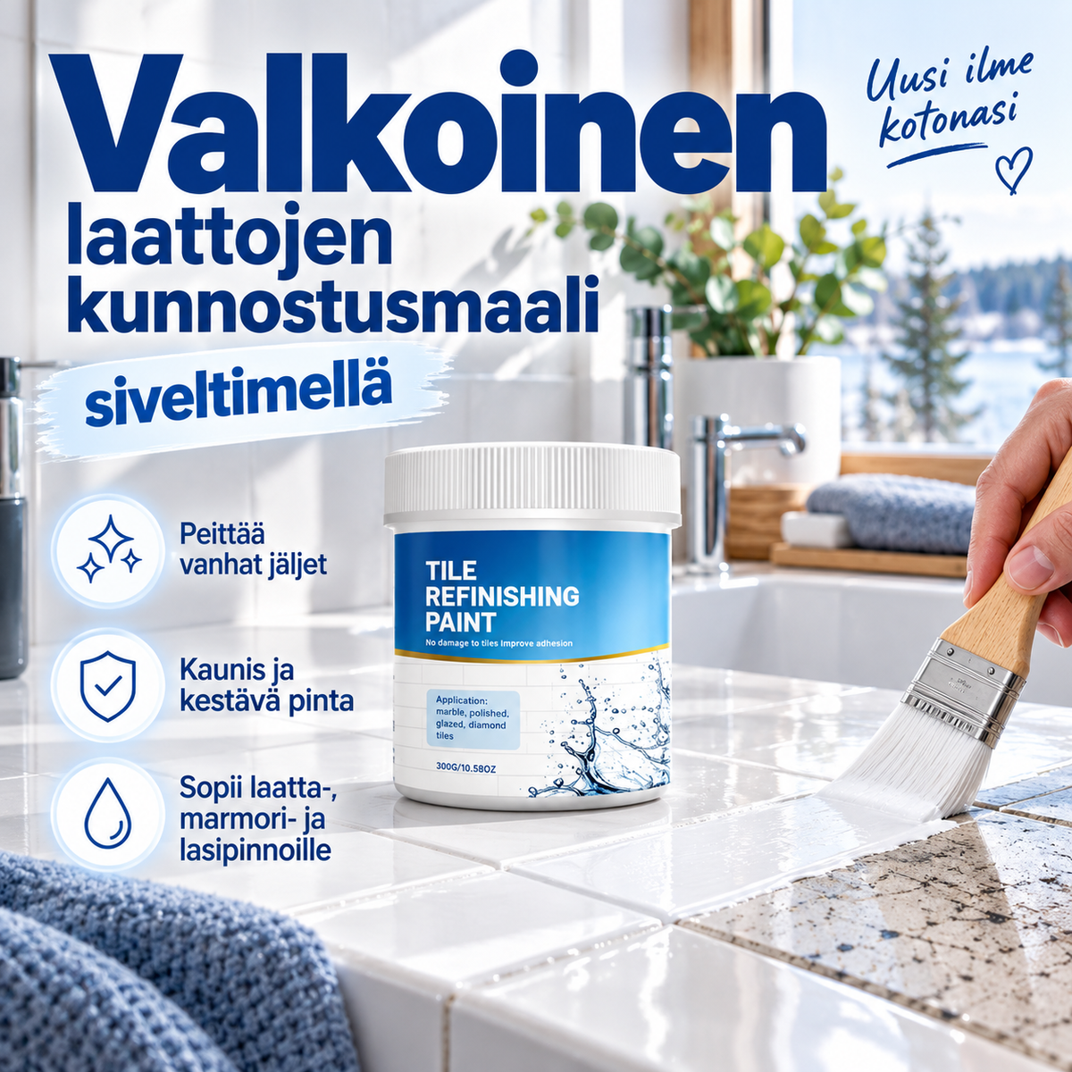 Valkoinen laattojen kunnostusmaali siveltimellä