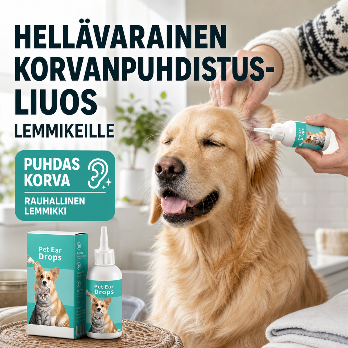Hellävarainen korvanpuhdistusliuos lemmikeille