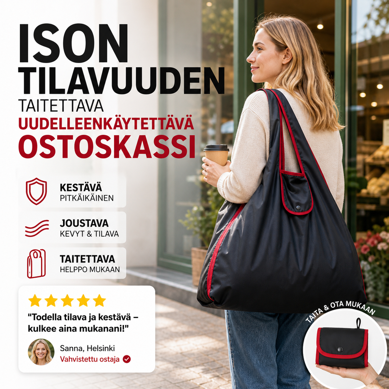 Ison tilavuuden taitettava uudelleenkäytettävä ostoskassi