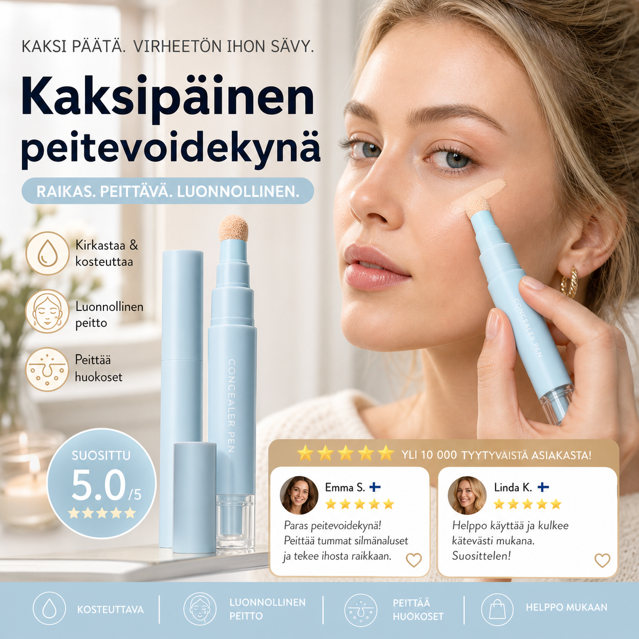 🔥Osta 1, saat 1 ilmaiseksi NYT!💄🥳YLI 50 000 MYYTY!🎨Kaksipäinen peitevoidekynä – peittää tummat silmänaluset ja näppylät, 24 tunnin kosteutus. Kevyt, ei kakkuuntuva. Pehmeä viimeistely.✨