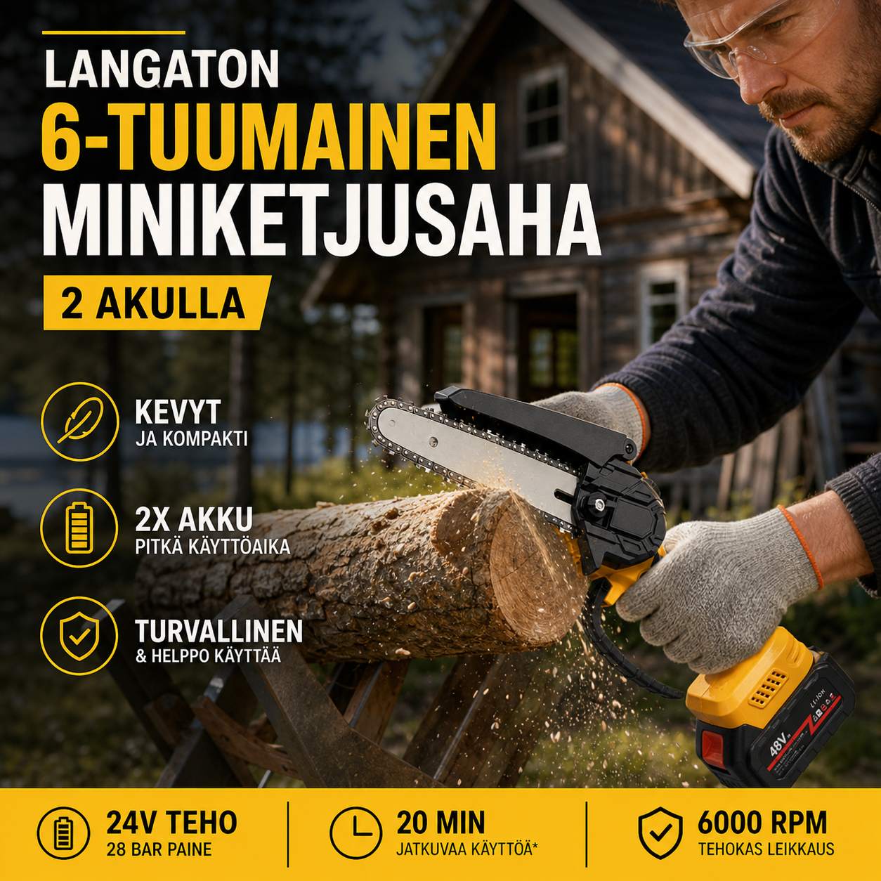 ⚡60 % alennus nyt! 🌳Langaton 6-tuumainen miniketjusaha 1 akulla🌲