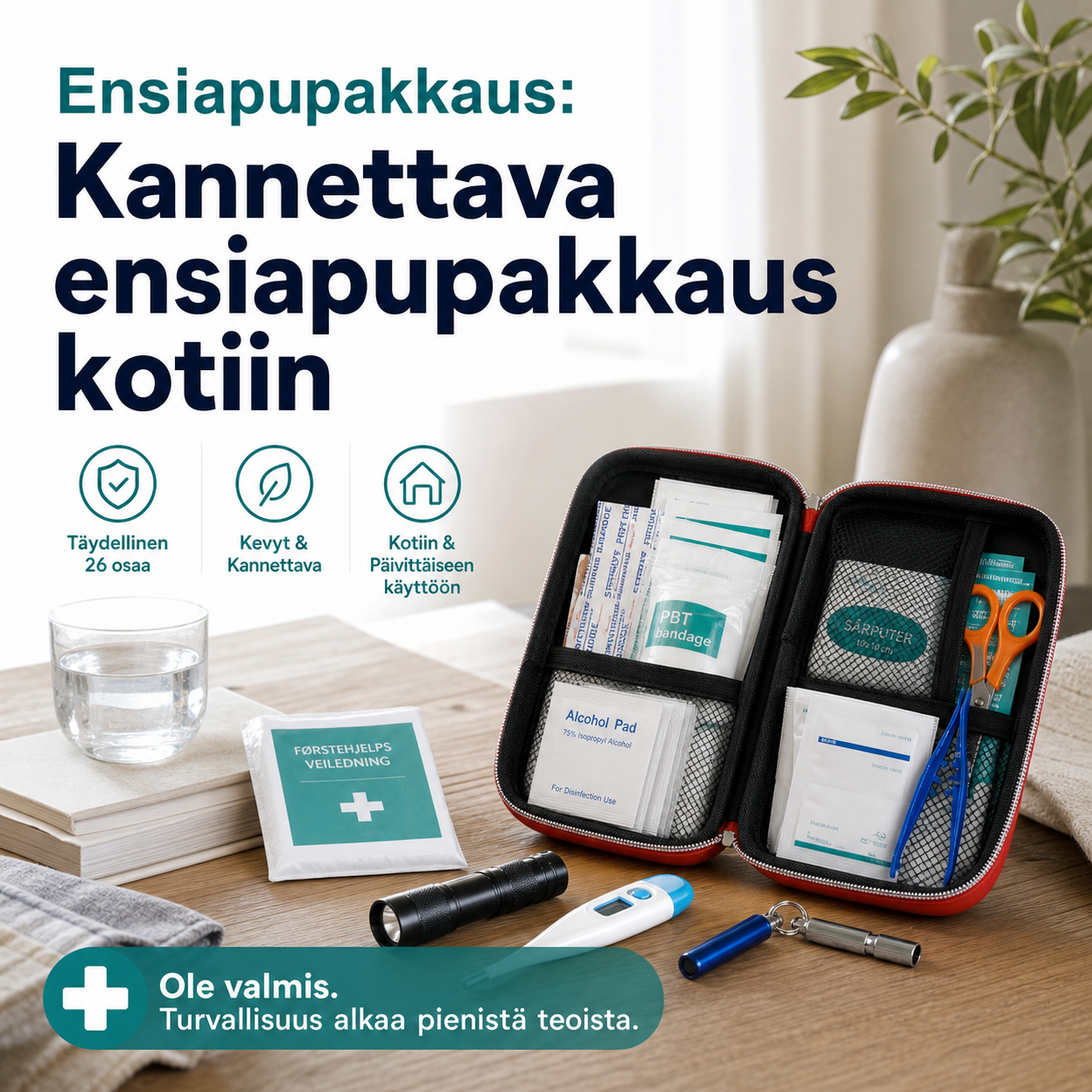 Ensiapupakkaus: Kannettava ensiapupakkaus kotiin – täydellinen varusteineen | 26-osainen setti
