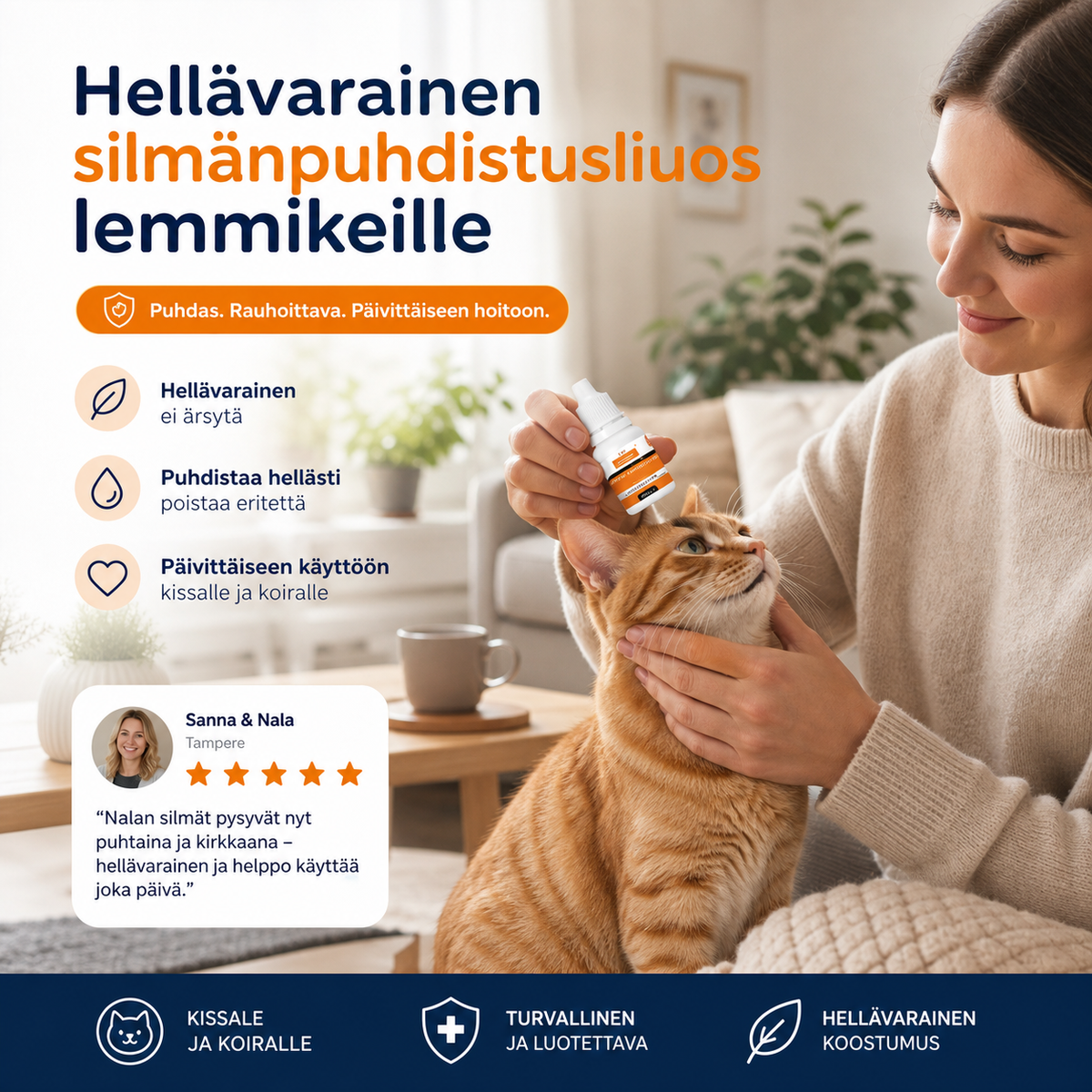 Hellävarainen silmäpuhdistusliuos lemmikeille