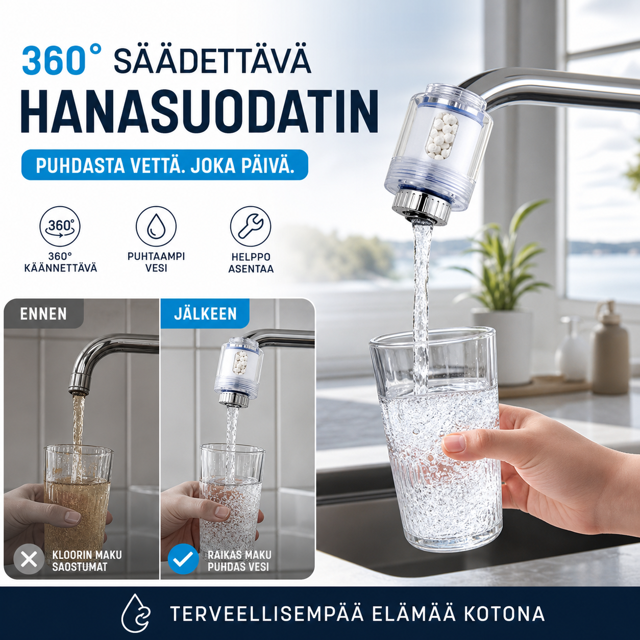 Säädettävä 360°:lla pyörivä hanasuodatinsarja