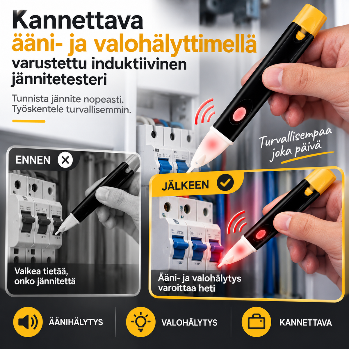 Kannettava ääni - ja valohälyttimellä varustettu induktiivinen jännitetesteri