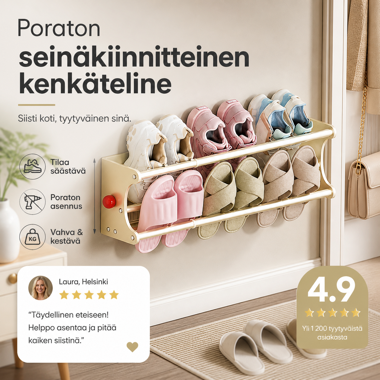 Poraton seinäkiinnitteinen kenkäteline