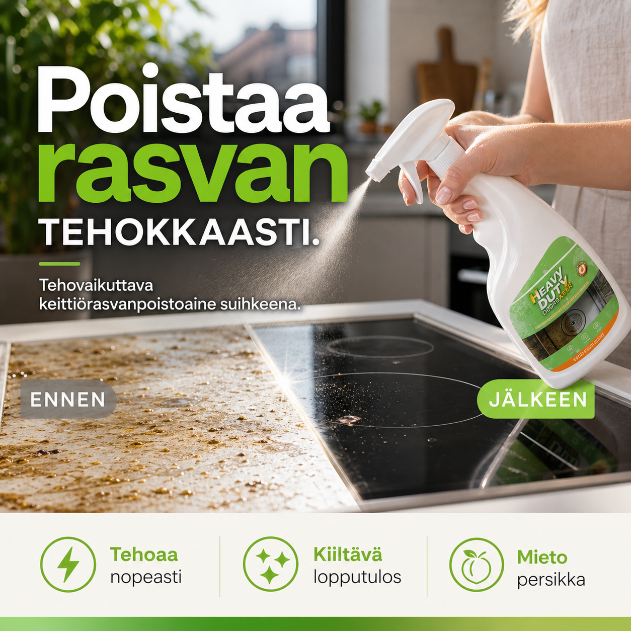 Tehovaikuttava keittiörasvanpoistoaine suihkeena