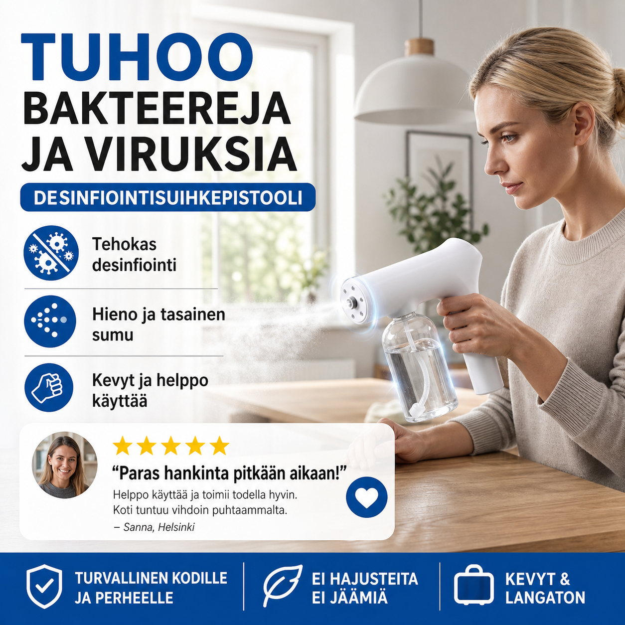 Bakteereja ja viruksia tuhoava desinfiointisuihkepistooli