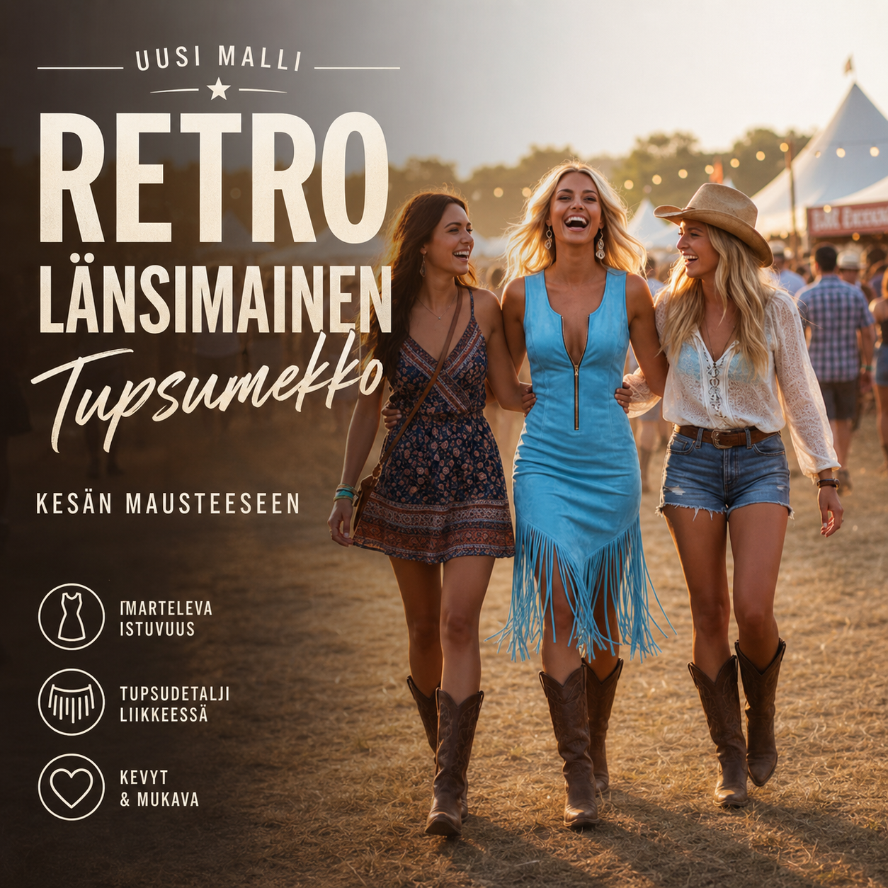 Retro-tyylinen länsimainen tupsullinen hihaton vartalonmyötäinen mekko