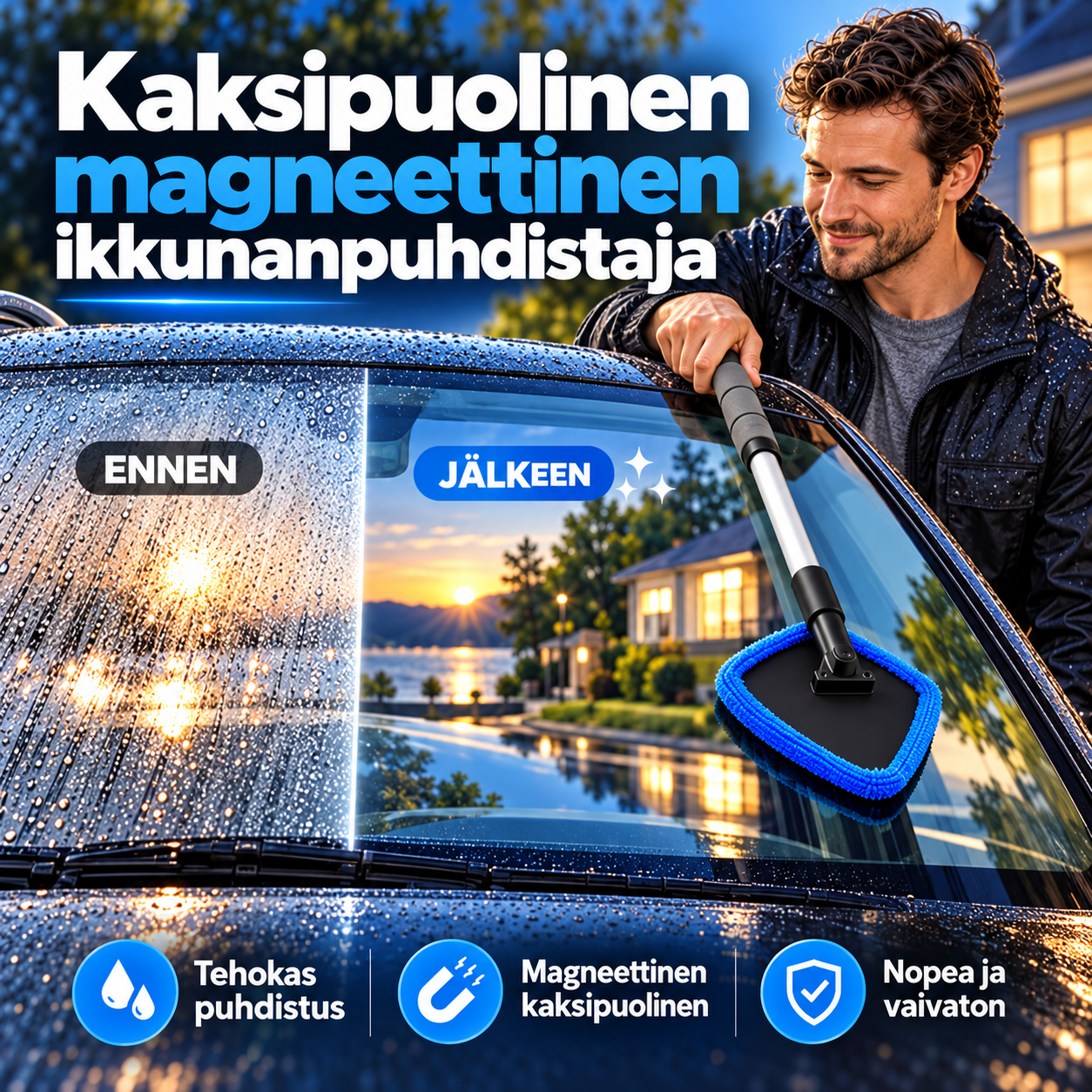 Kaksipuolinen magneettinen ikkunanpuhdistaja – puhdista auton lasit ilman raitoja!