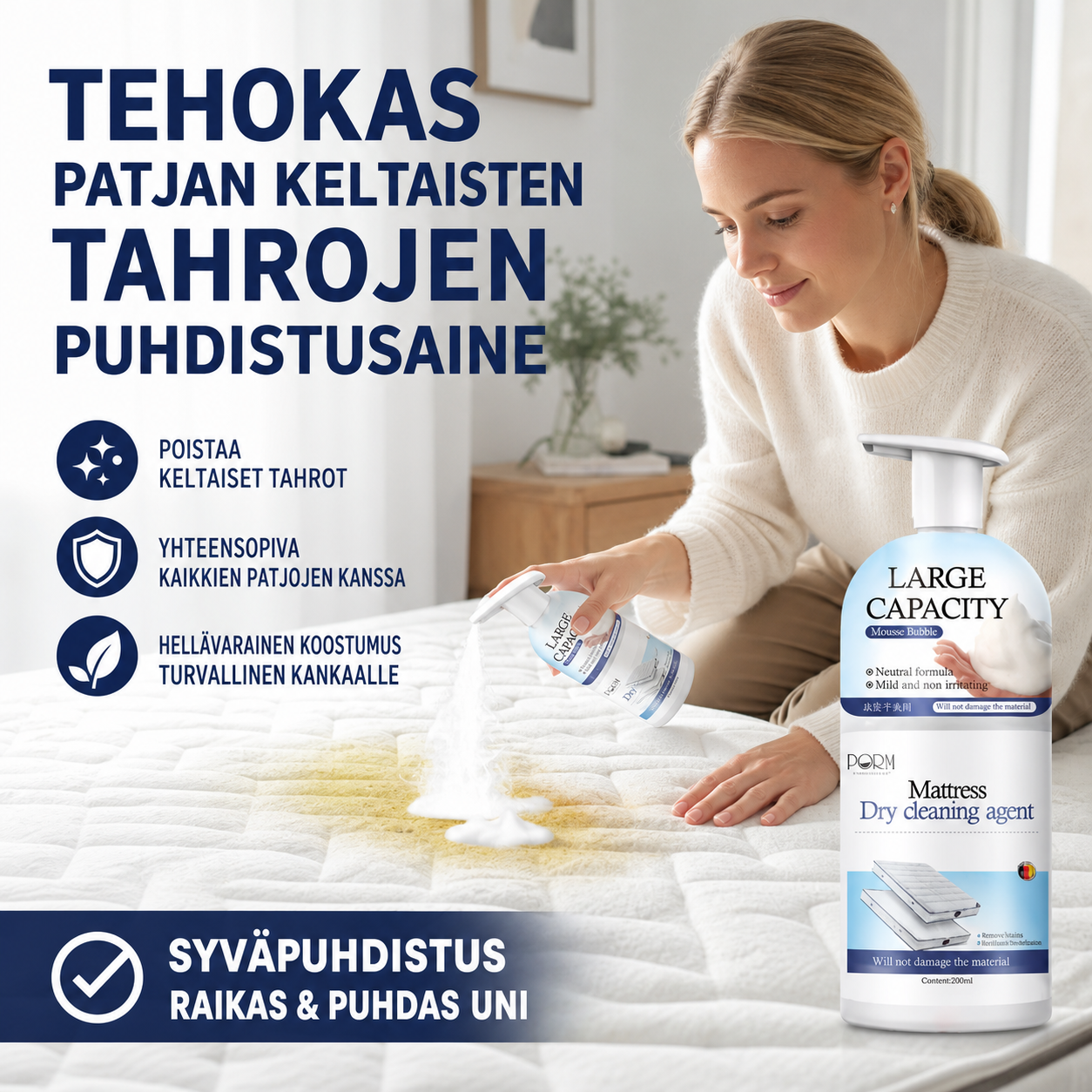 Tehokas patjan keltaisten tahrojen puhdistusaine
