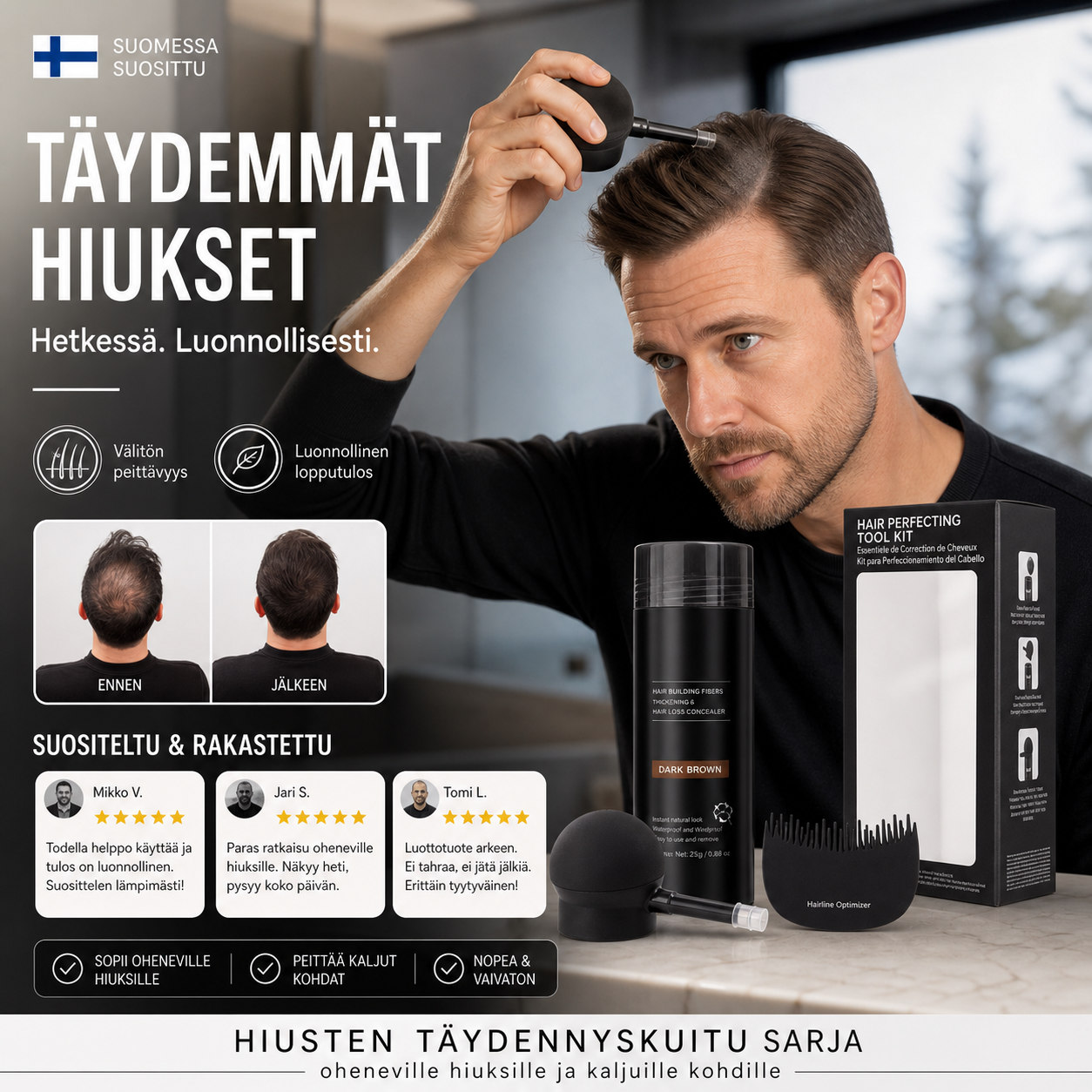Hiusten täydennyskuitu sarja oheneville hiuksille ja kaljuille kohdille