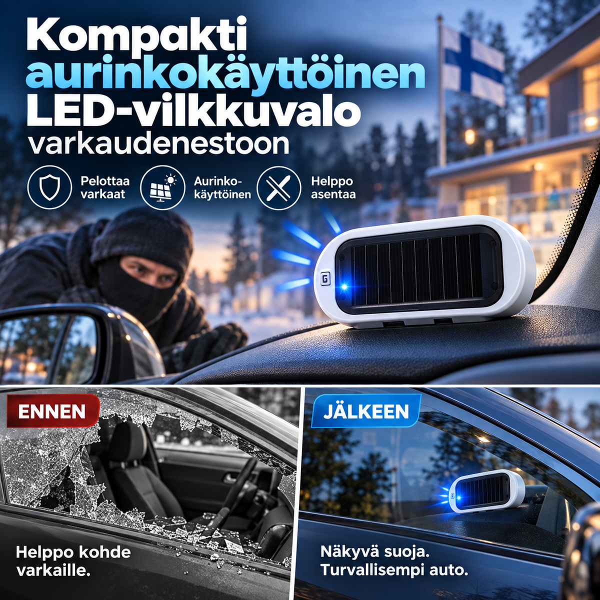 Kompakti aurinkokäyttöinen LED-vilkkuvalo varkaudenestoon