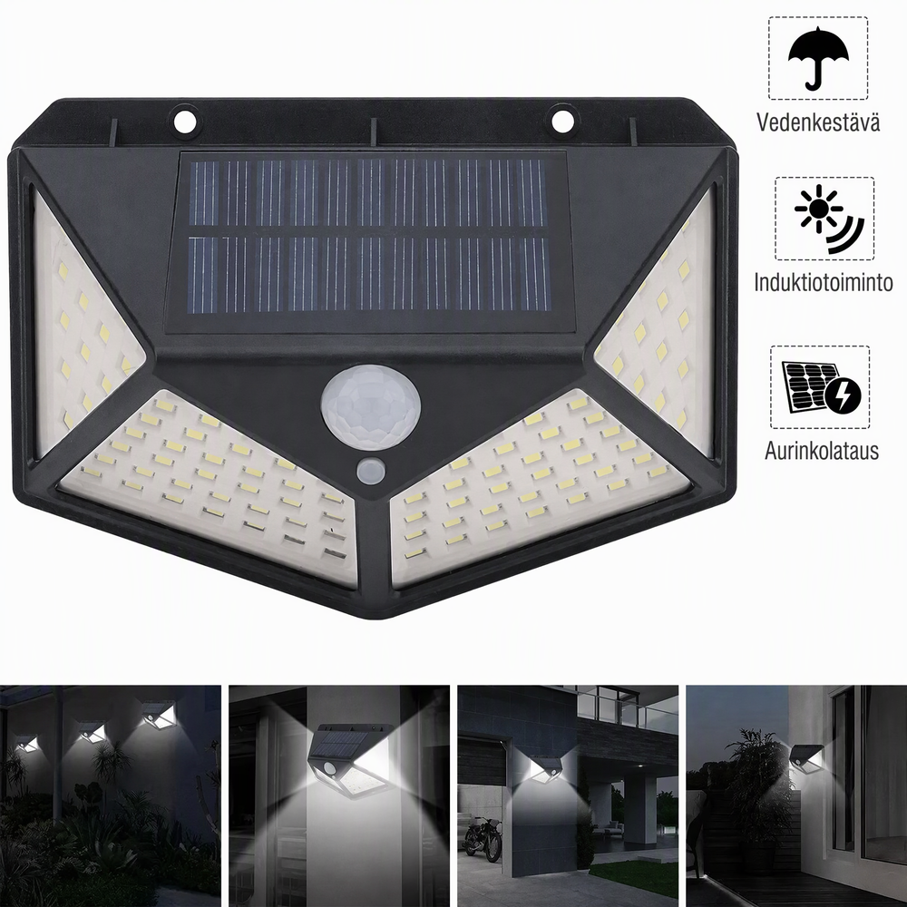 🌙💡 100 LEDin aurinkokäyttöinen seinävalaisin – 120° liiketunnistin, IP65-suojaus ja automaattinen valaistus pihalle ja mökille ☀️