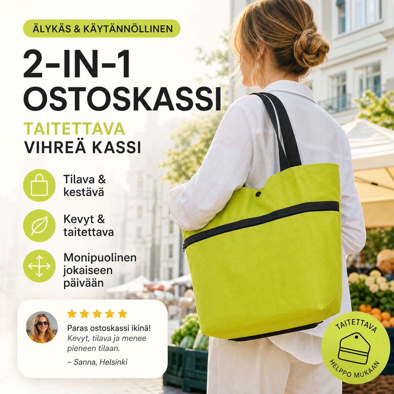 🔥KUUMAT TARJOUKSET 50 % ALENNUS🔥2-in-1-ostoskassi, taitettava vihreä kassi