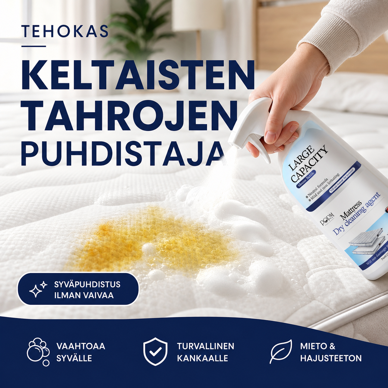 Tehokas patjan keltaisten tahrojen puhdistusaine