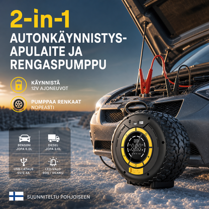 2-in-1 Autonkäynnistysapulaite ja rengaspumppu – käynnistä auto ja täytä renkaat yhdellä laitteella!