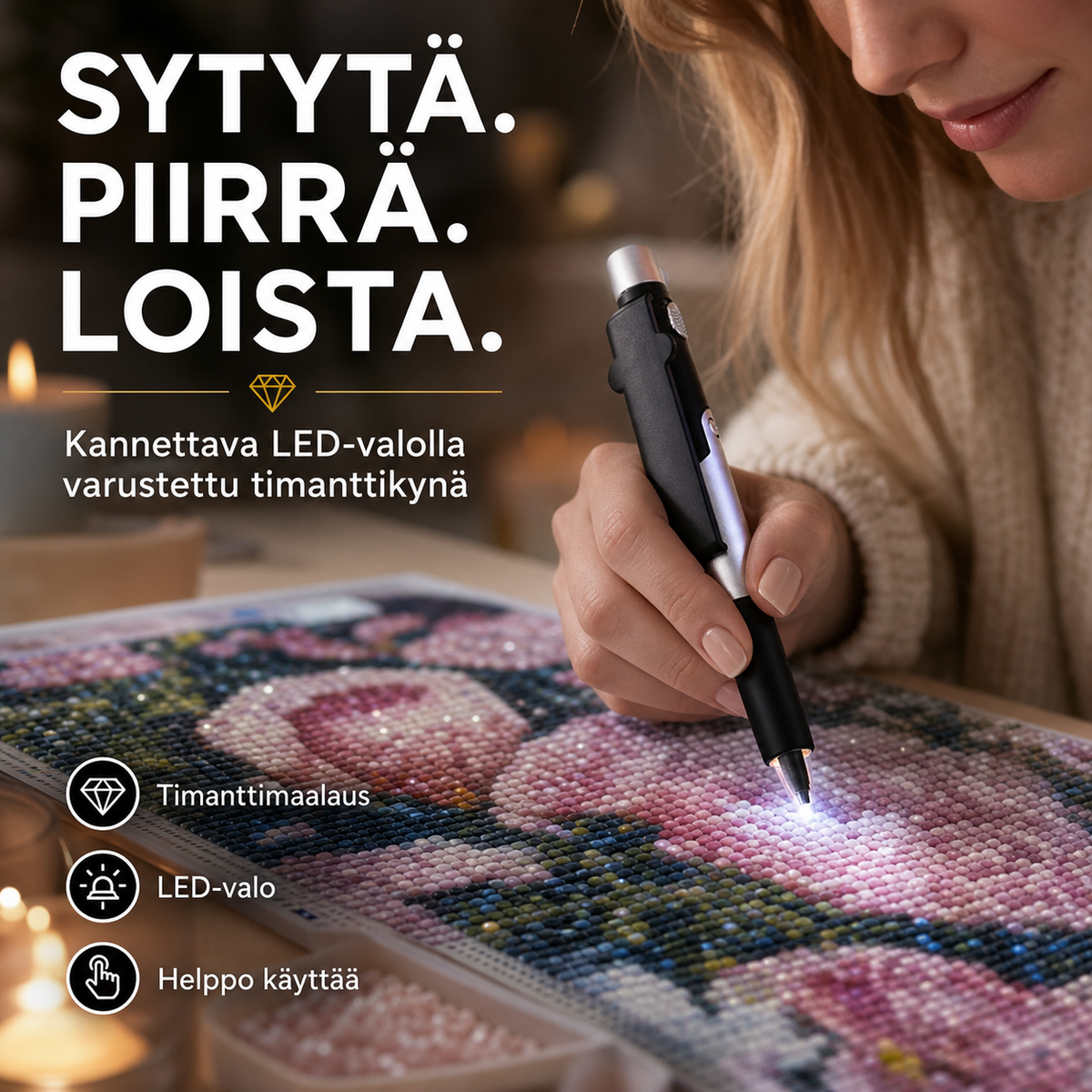 Kannettava LED-valolla varustettu timanttikynä