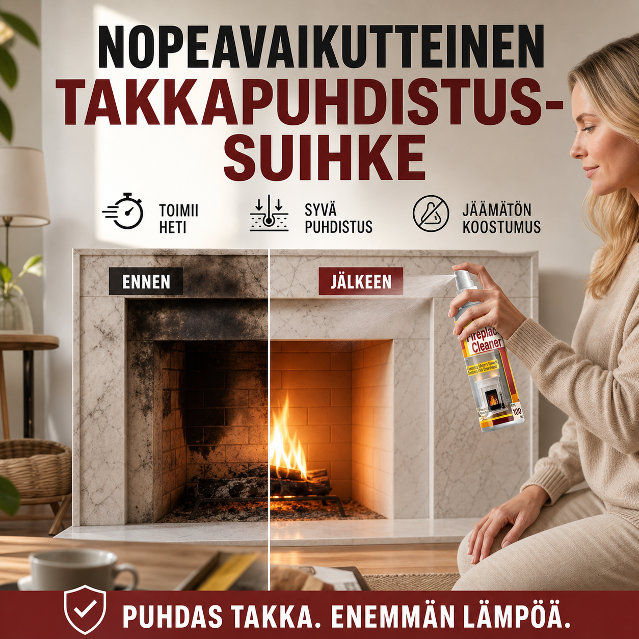 🔥 50% ALENNUS NYT! Nopeavaikutteinen takkapuhdistussuihke – syvälle tunkeutuva noki- ja savutahranpoistoaine