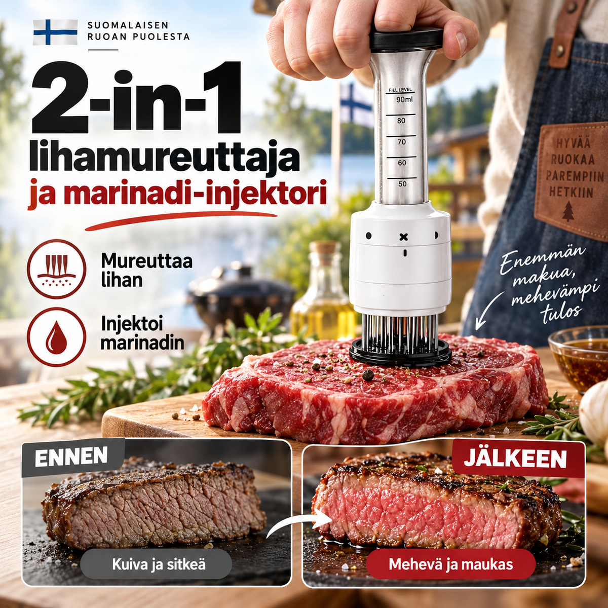 2-in-1 lihamureuttaja ja marinadi-injektori – Ruostumaton teräs lihan pehmennykseen ja maustamiseen