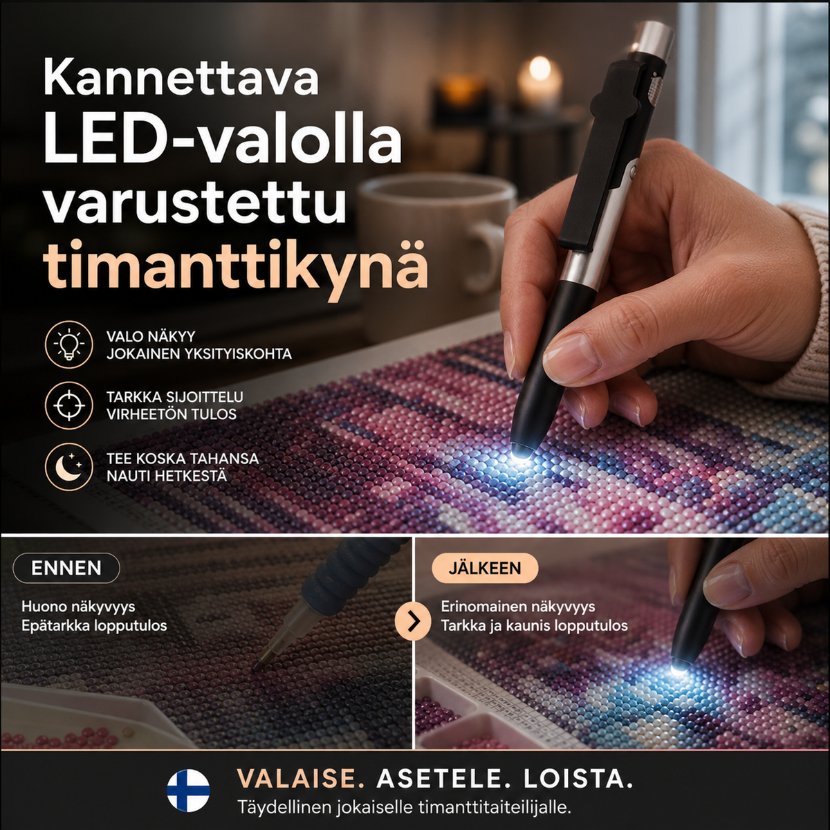 Kannettava LED-valolla varustettu timanttikynä