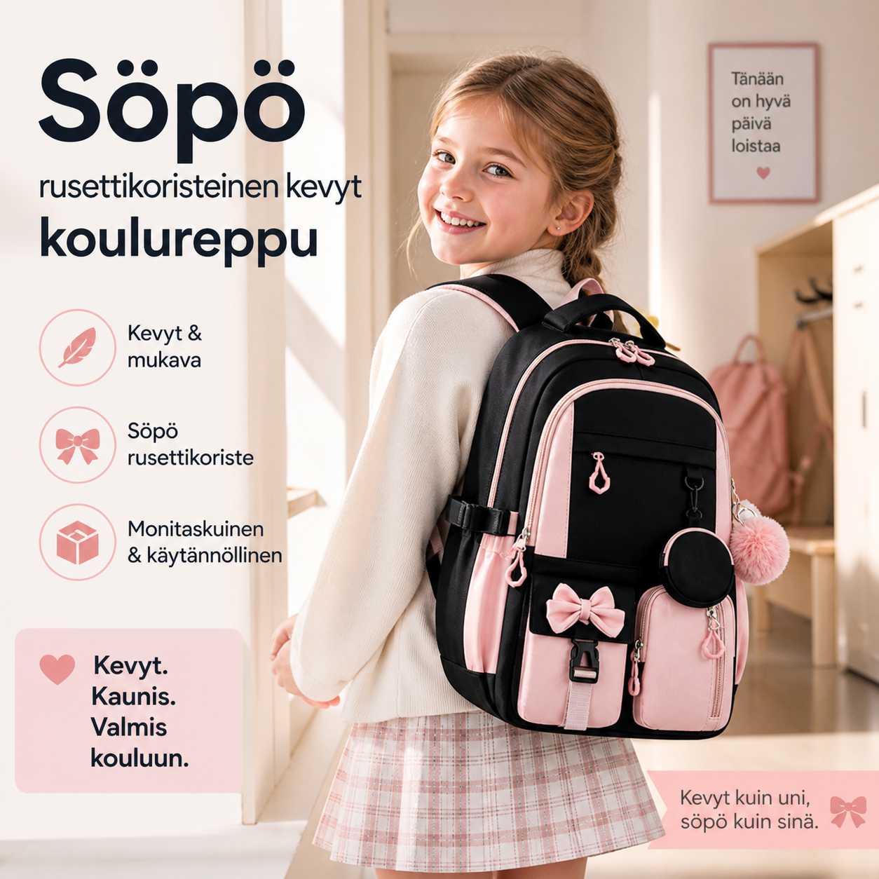 Söpö rusettikoristeinen kevyt koulureppu