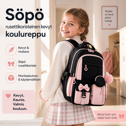 Söpö rusettikoristeinen kevyt koulureppu