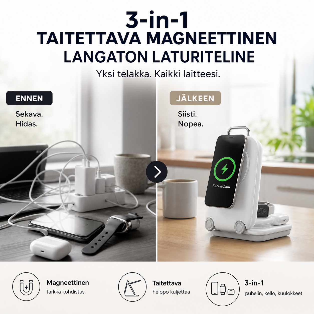 3-in-1 -taitettava magneettinen langaton laturiteline