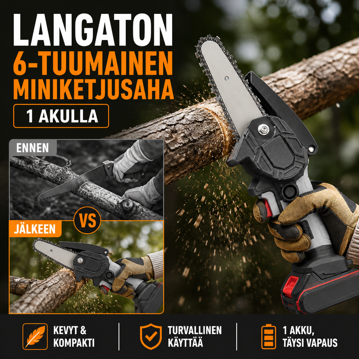⚡60 % alennus nyt! 🌳Langaton 6-tuumainen miniketjusaha 2 akulla🌲