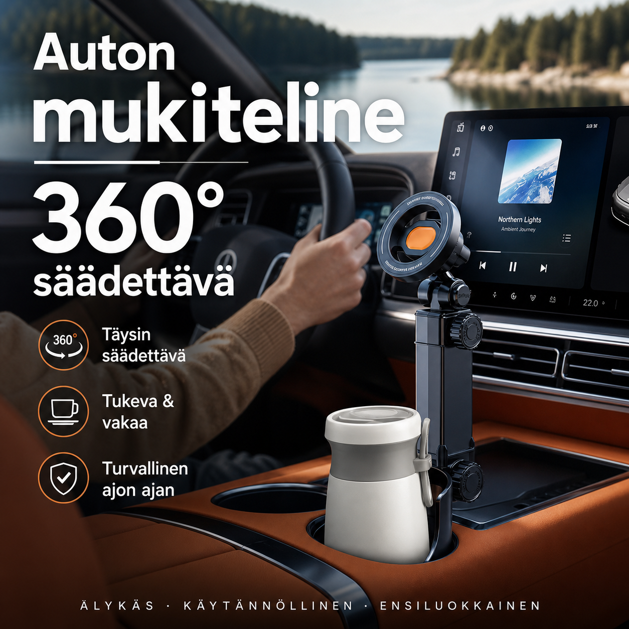 Auton mukiteline – 360° säädettävä, vahva N52-magneetti, yhden käden käyttö, sopii kaikkiin puhelimiin, vakaa magneetti- ja puristinmalli turvalliseen ajoon.