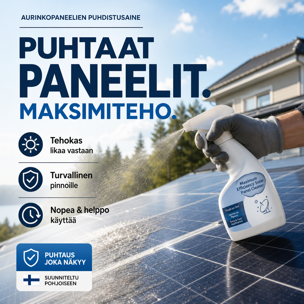 Maksimaalisen tehokkuuden aurinkopaneelien puhdistusaine