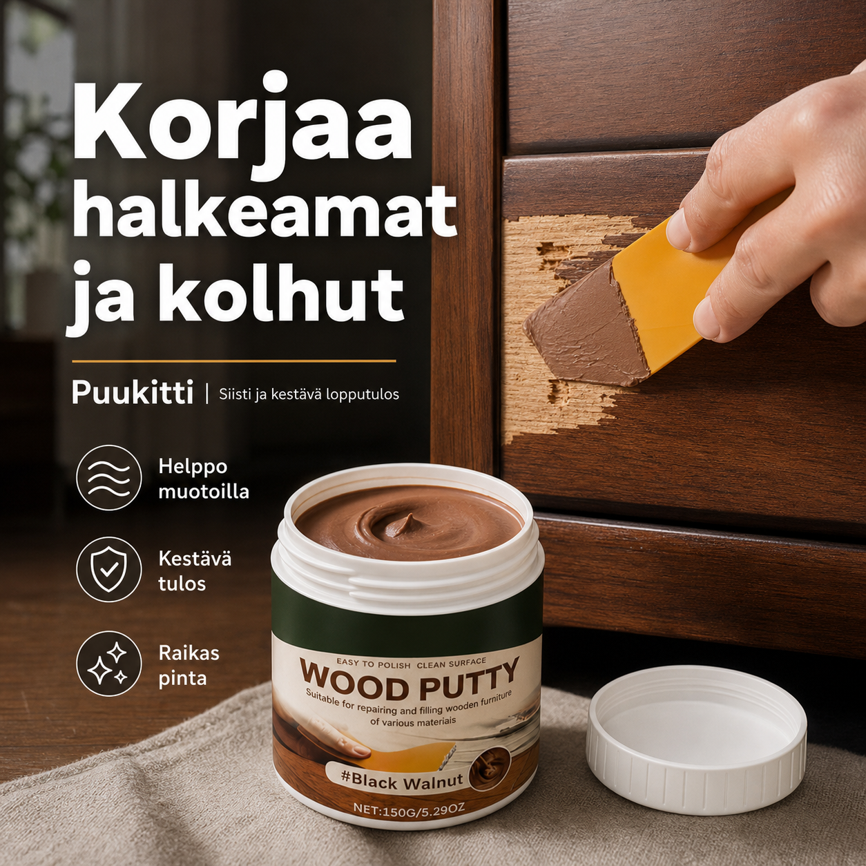 🔥Pikamyynti🔥 Puukitti – korjaa halkeamat ja kolhut – sulautuu tummaan puuhun!