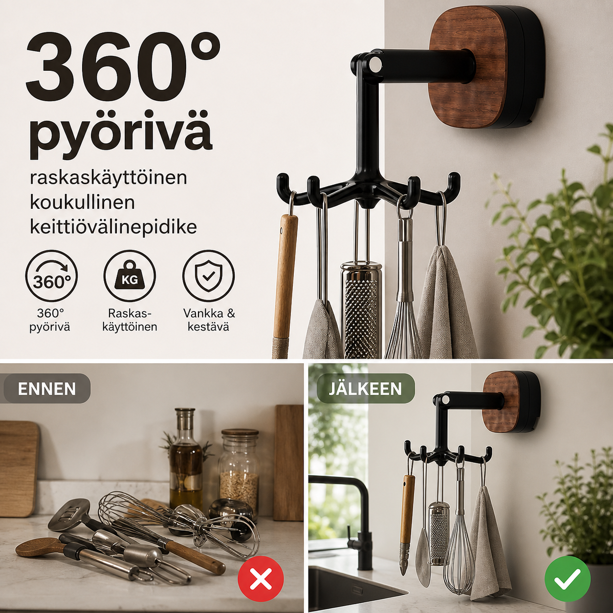360° pyörivä raskaskäyttöinen koukullinen keittiövälinepidike